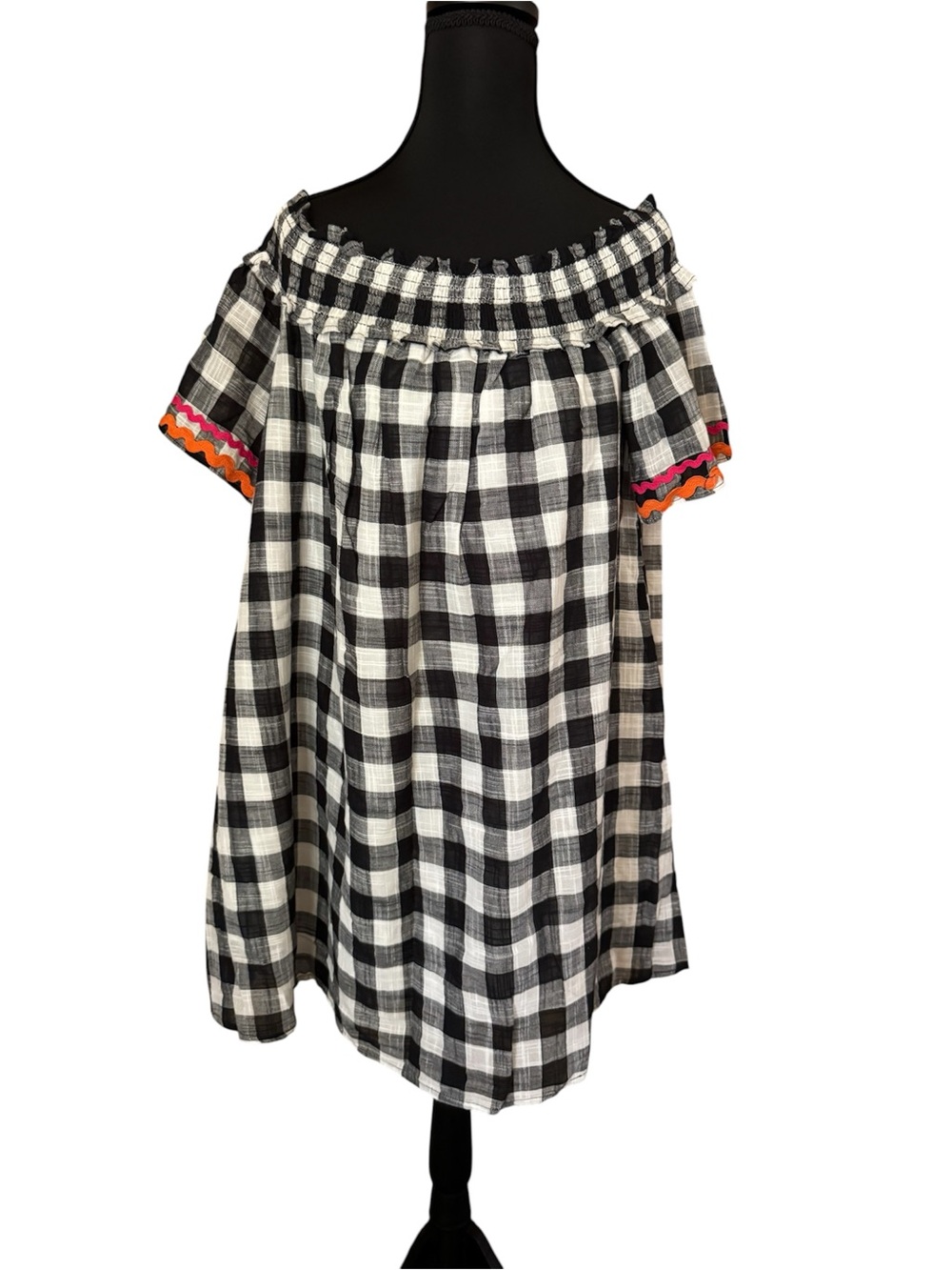 DEREK HEART- Black & White Gingham Off-the-Shoulder Dress with Colorful Trim.